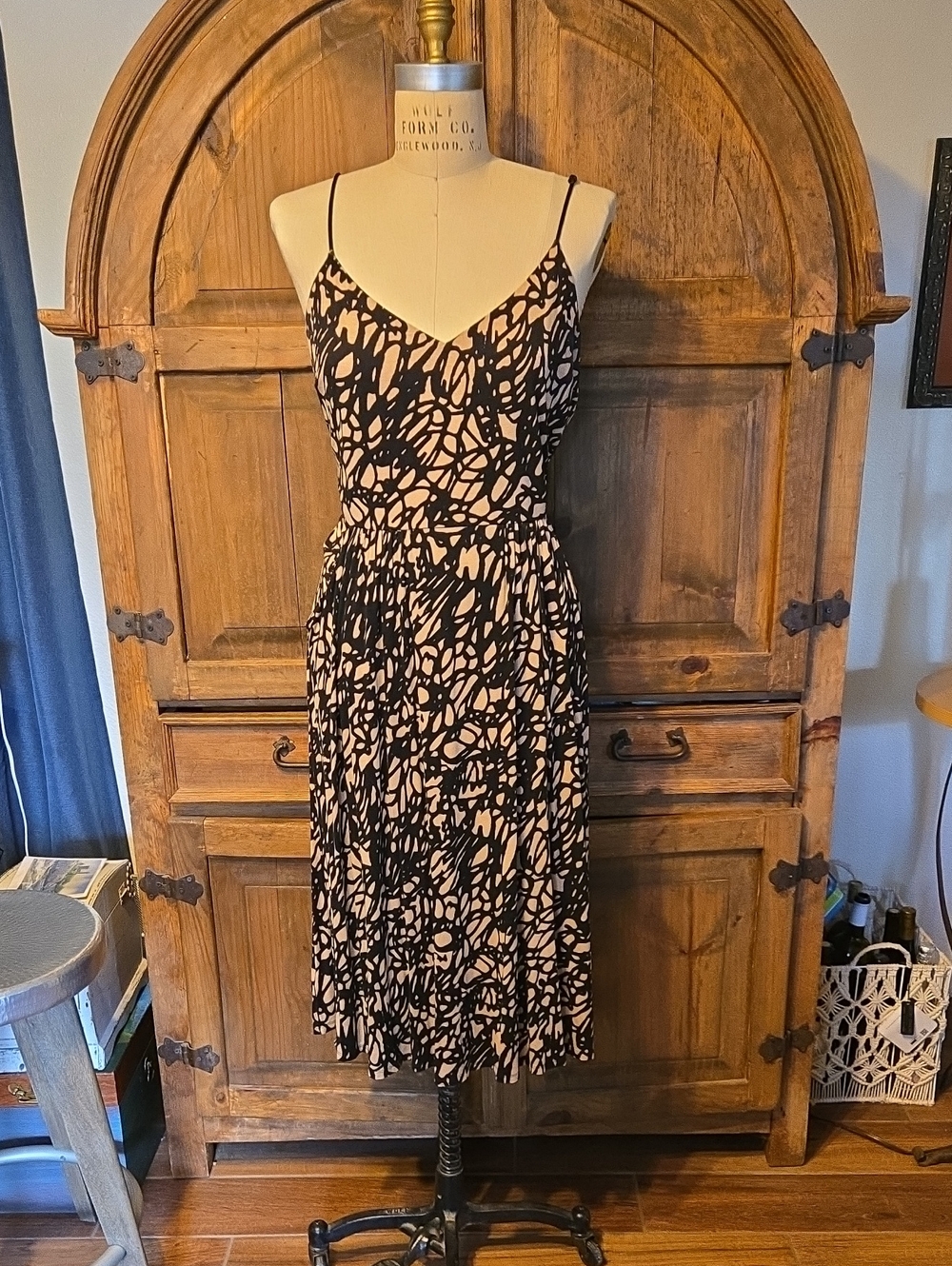 LOFT Black and Tan Abstract Print Midi Dress